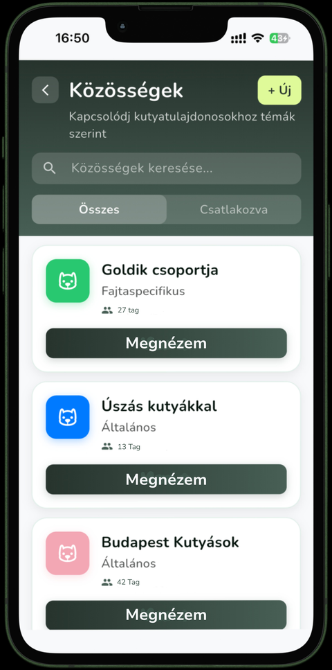 Közösségek képernyő