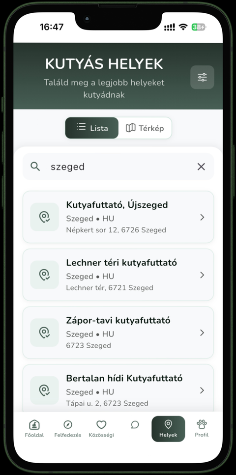 Kutyás helyek lista nézet